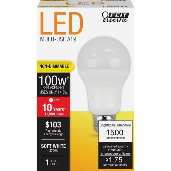 Feit Electric Bulb Led A19 100W Equiv 3000K A1600/827/10KLED